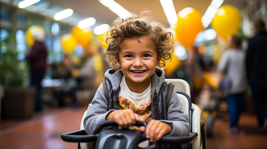 Empowering image of a resilient teenager in wheelchair giving thumbs-up, with supportive physical therapists in blurred background.